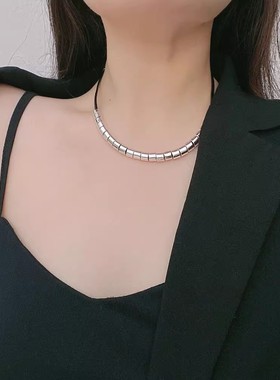 韩式新款黑皮绳银色转运圈项链女