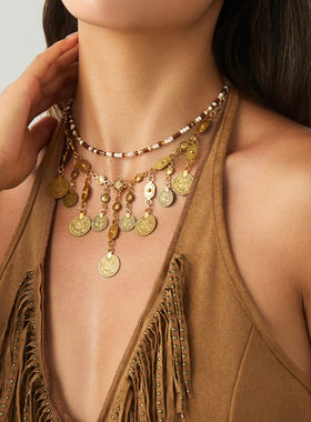 波希米亚风复古钱币流苏项链女