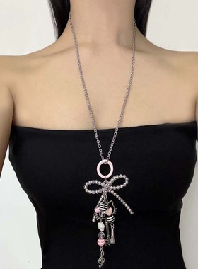 长款链条蝴蝶结钥匙吊坠毛衣项链