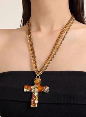 多层长款叠戴十字架项链毛衣链女