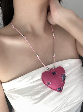 时尚牛仔布艺补丁爱心吊坠项链女