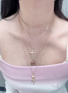 中古时髦十字架玫瑰花吊坠项链女