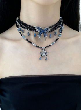 多层黑尖晶串珠蝴蝶蜜蜂项链女