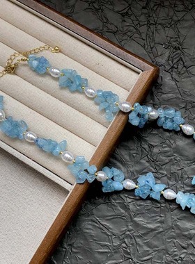 多巴胺蓝色水晶花朵珍珠项链颈链