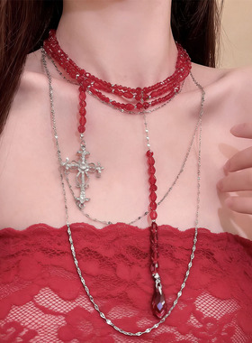 哥特风复古血红色串珠十字架项链