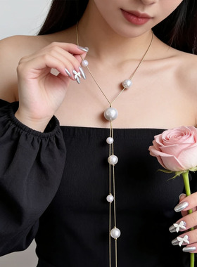 长款简约大珍珠夸张毛衣链复古女