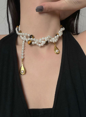 法式长款叠戴虎眼石珍珠项链女款