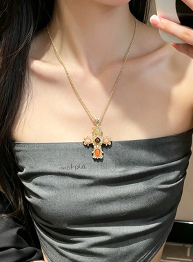 中古风金色彩石十字架吊坠项链女