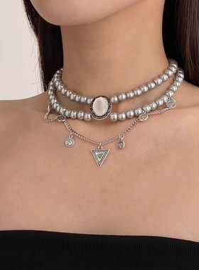 双层叠戴灰色珍珠项链女轻奢颈链