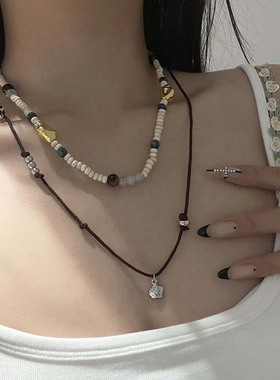 虎眼石拼白色串珠手工编绳项链女