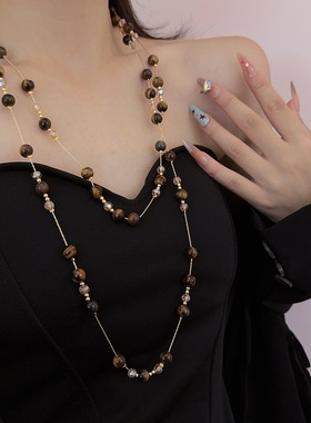 复古美德拉虎眼石串珠项链女