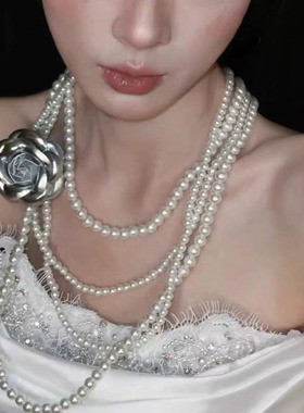 轻奢时髦多层叠戴珍珠串珠项链女