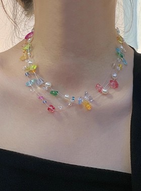 多巴胺彩色天然石珍珠串珠项链女