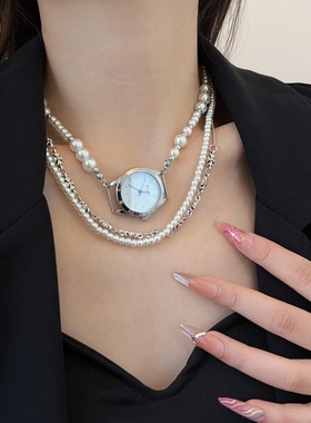 法式轻奢多层珍珠钟表项链女