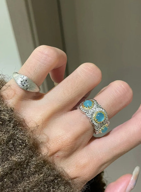 时髦vintage宽面镶宝石开口戒指