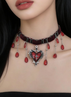 植绒爱心十字架吊坠水滴流苏项链