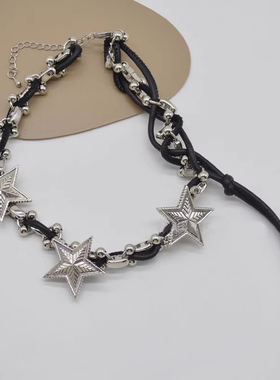 甜酷辣妹风金属五角星皮绳项链女