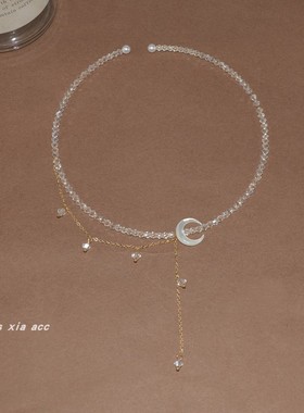 水晶颈圈女贝母月亮项链