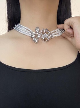 多层珍珠花朵项链女款颈链锁骨链