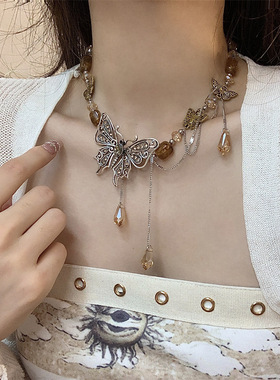 合金女锁骨链蝴蝶吊坠项链毛衣链