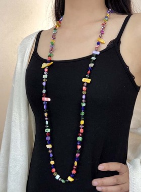 长款双层叠戴彩色贝壳项链毛衣链