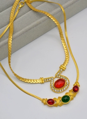 中古vintage金属镶嵌水晶项链女