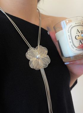 花朵珍珠流苏多层蛇骨链项链女