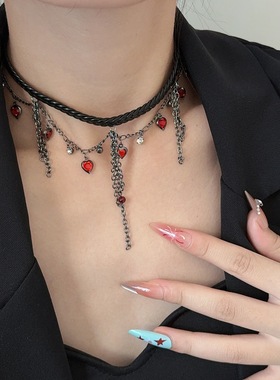 个性皮质编织红色宝石流苏项链女