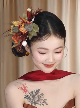 新中式新娘头饰森系复古仿真花红蓝花朵秀禾服晨袍边夹套装配饰