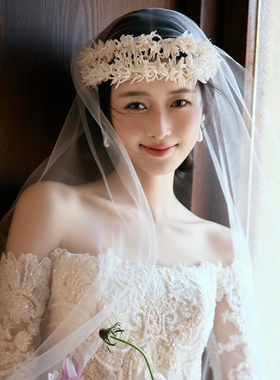 法式新娘头饰花环皇冠重手工婚礼跟妆发箍额饰超仙婚纱拍照道具