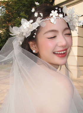 森系减龄新娘白色花朵蕾丝发箍头饰仙美婚纱礼服造型拍照发饰