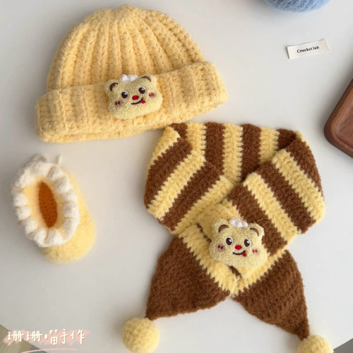 婴儿秋冬卡通蜜蜂熊宝宝帽子围巾保暖钩针DIY材料包非成品diy帽子 - 图1
