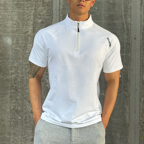 运动短袖男T恤半高领门襟收袖口立领健身肌肉撸铁狗潮牌透气弹力 - 图0