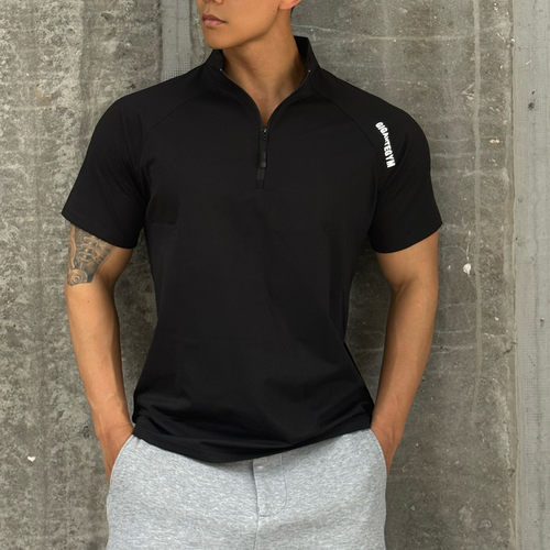 运动短袖男T恤半高领门襟收袖口立领健身肌肉撸铁狗潮牌透气弹力 - 图1