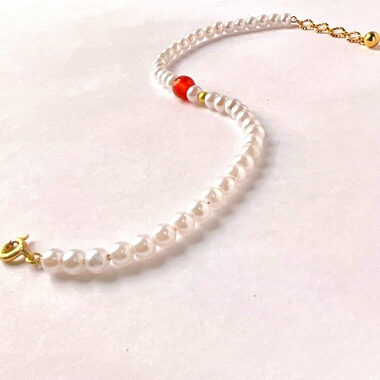 珍珠手链女款 白搭简约设计红色玛瑙手串 送女友闺蜜生日礼物