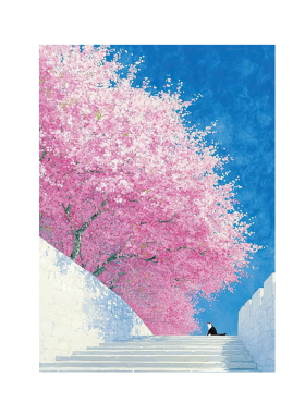 小清新多巴胺花树下小猫高清艺术海报装饰画未装裱氛围感挂画画芯