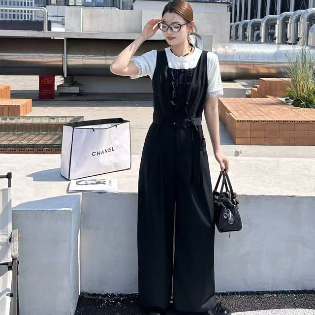 Retro square collar patchwork suspender jumpsuit with earrings