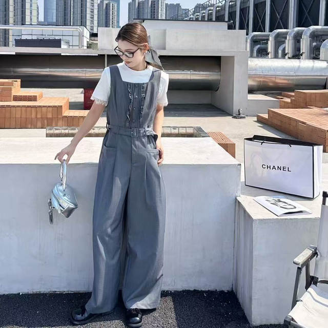 Retro square collar patchwork suspender jumpsuit with earrings