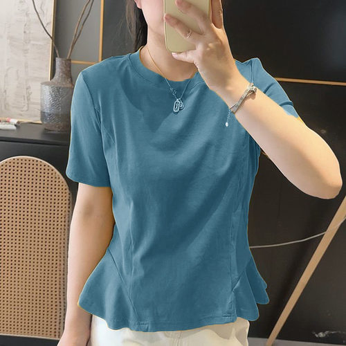花瓣下摆弹力圆领短袖T恤女2026夏季新款宽松遮肚子荷叶边上衣女 - 图2