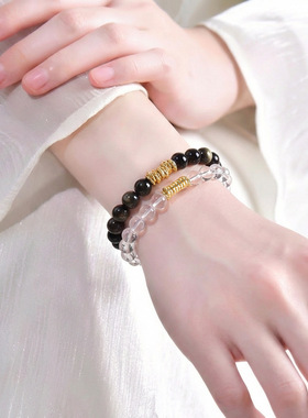 原创设计天然金曜石白水晶盘缠手链新中式缠缠绵绵情侣手串批发