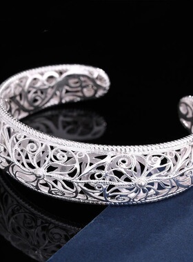 镂空花丝民族宫廷风掐丝工艺浮雕手镯女镀纯银手饰不掉色手环