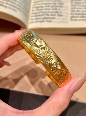 CNC工艺莲纹黄金色新中式国风莲花古法手镯女手饰手环镯子