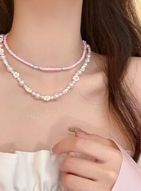珍珠串珠雏菊花朵双层项链女夏2024年新款配饰森系甜美气质锁骨链