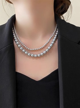 施家银灰珍珠项链女叠戴复古冷淡风颈链轻奢高级感锁骨链小众配饰
