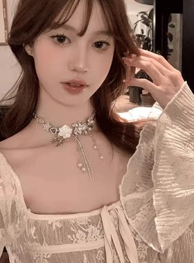 玫瑰花朵流苏项链女法式小众设计感高级轻奢个性颈链潮choker项圈