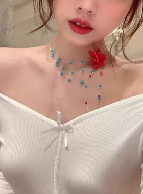 巨显白！红色花朵串珠鱼线项链