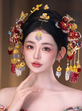 中式新娘红色花朵蝴蝶合金发饰