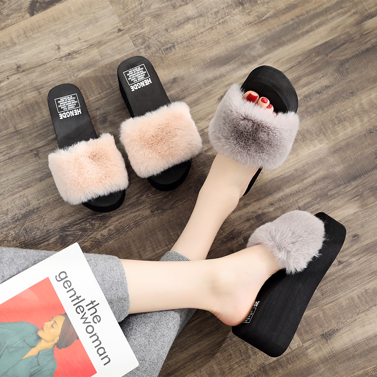 新款秋冬鞋子女学生韩版毛毛拖鞋女高跟一字拖鞋室内棉拖鞋女外穿