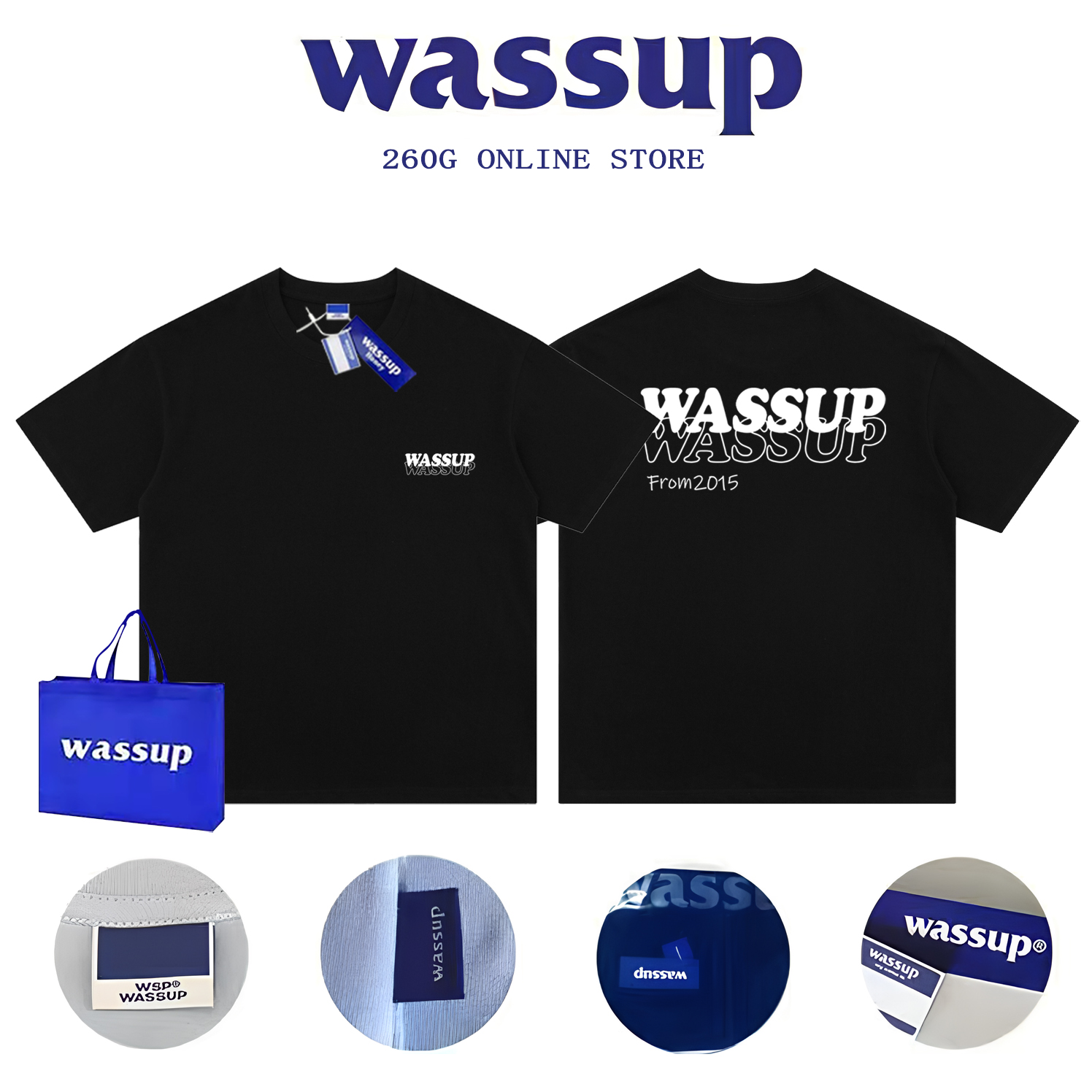 WASSUP双层logo字母短袖T恤男女重磅美式半袖夏季圆领宽松上衣潮 - 图1