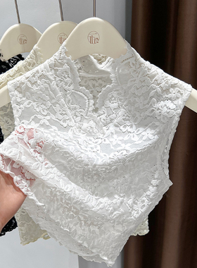 柔软花纹蕾丝假衣领子打底衫无袖背心女秋冬V领百搭高端内搭网纱